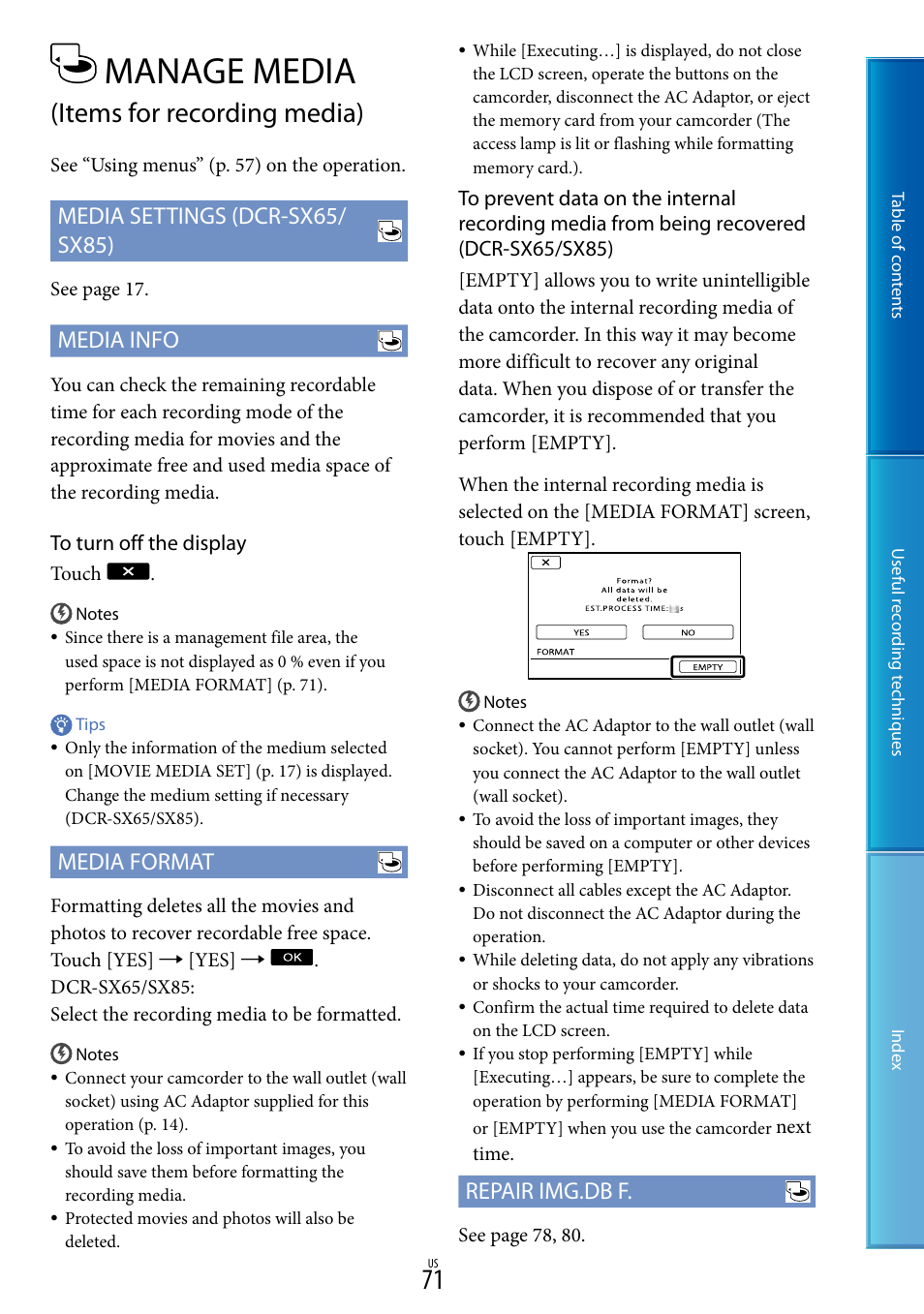 Manage media (items for recording media), Manage media, Items for recording media) | Repair img.db f, Media settings (dcr-sx65/ sx85), Media info, Media format | Sony DCR-SX85 User Manual | Page 71 / 98