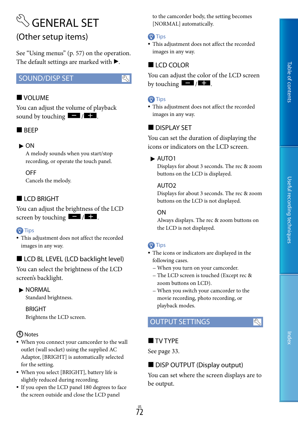 General set (other setup items), General set, Other setup items) | Sound/disp set, Output settings | Sony DCR-SX85 User Manual | Page 72 / 98