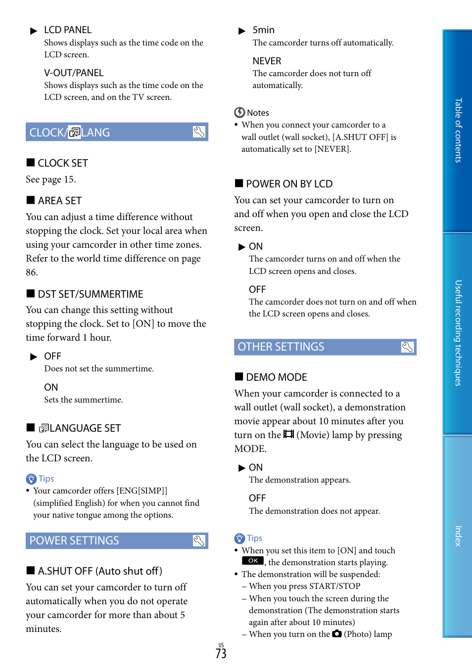 Clock/ lang, Power settings, Other settings | Sony DCR-SX85 User Manual | Page 73 / 98