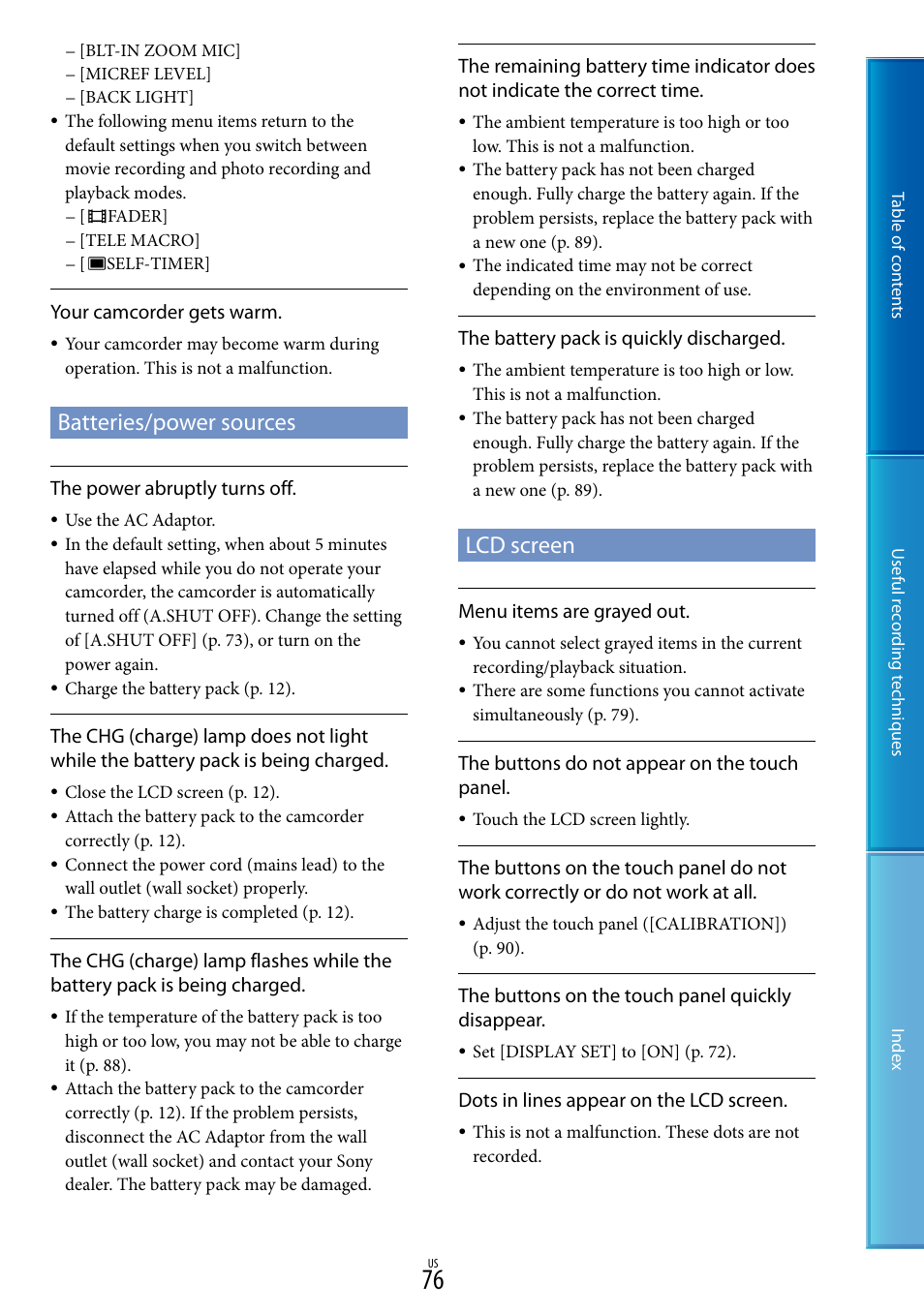 Batteries/power sources, Lcd screen | Sony DCR-SX85 User Manual | Page 76 / 98