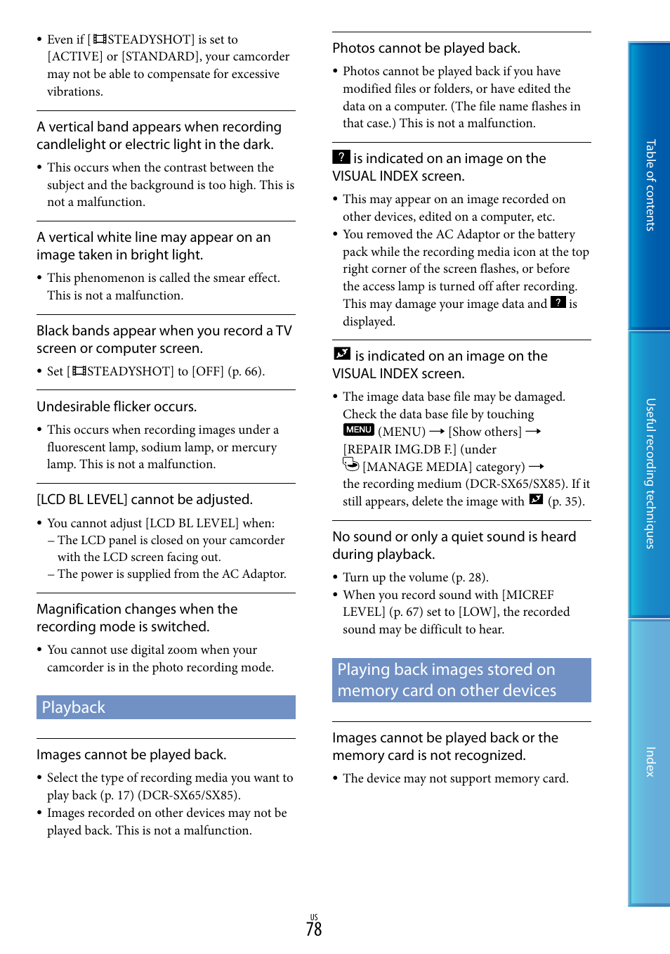 E 78, 80, Playback, Playing back images stored on memory card on | Other devices | Sony DCR-SX85 User Manual | Page 78 / 98