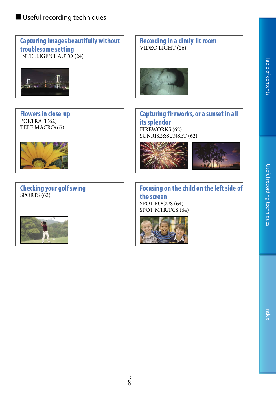 Recording in a dimly-lit room, Flowers in close-up, Checking your golf swing | Sony DCR-SX85 User Manual | Page 8 / 98