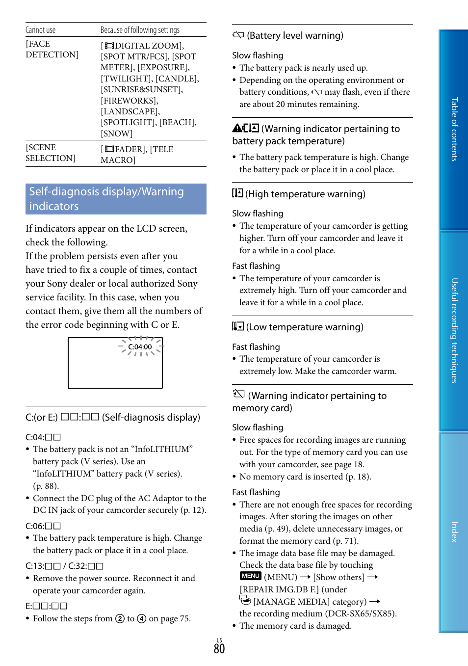 Self-diagnosis display/warning indicators | Sony DCR-SX85 User Manual | Page 80 / 98