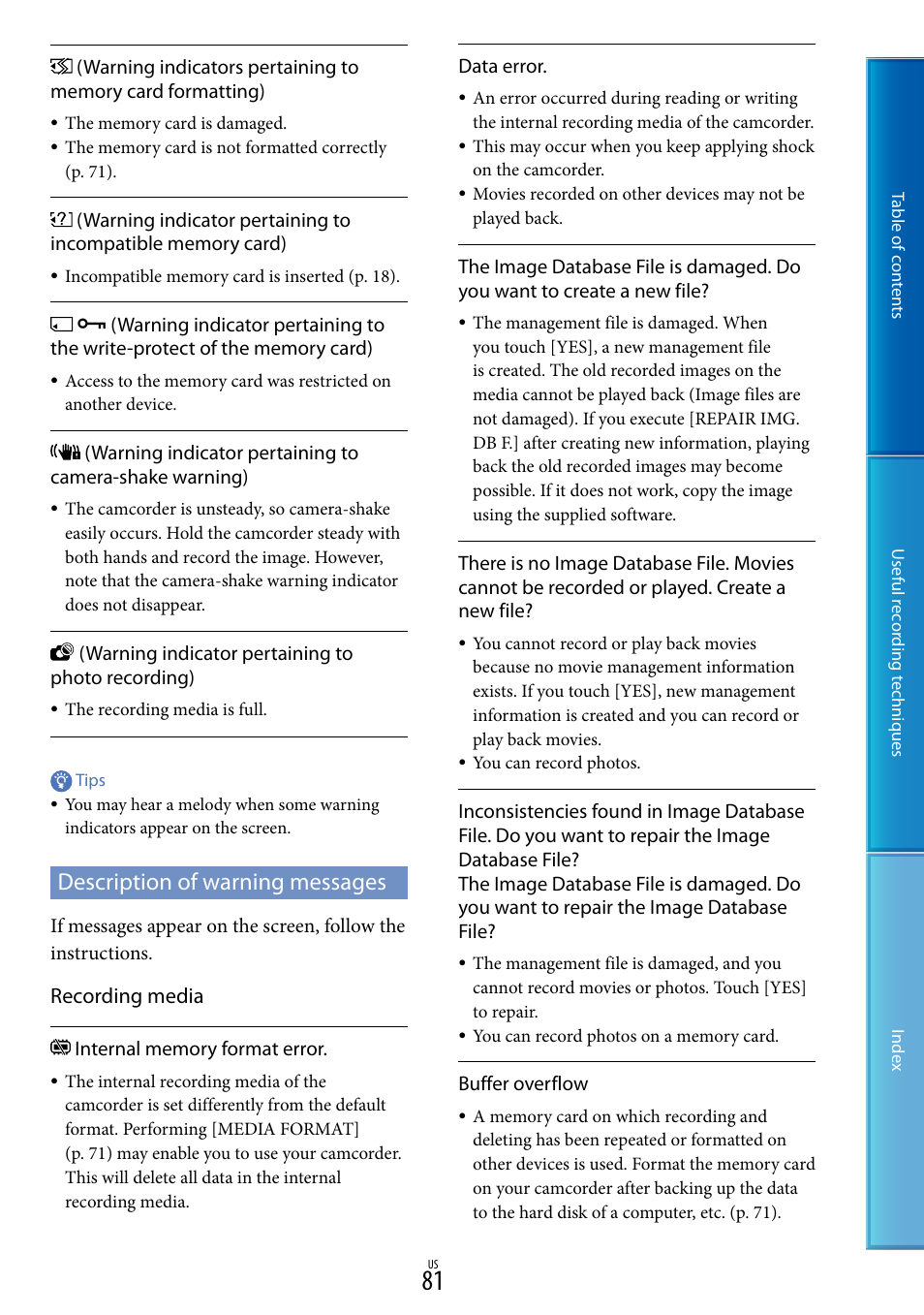 Description of warning messages, Recording media | Sony DCR-SX85 User Manual | Page 81 / 98