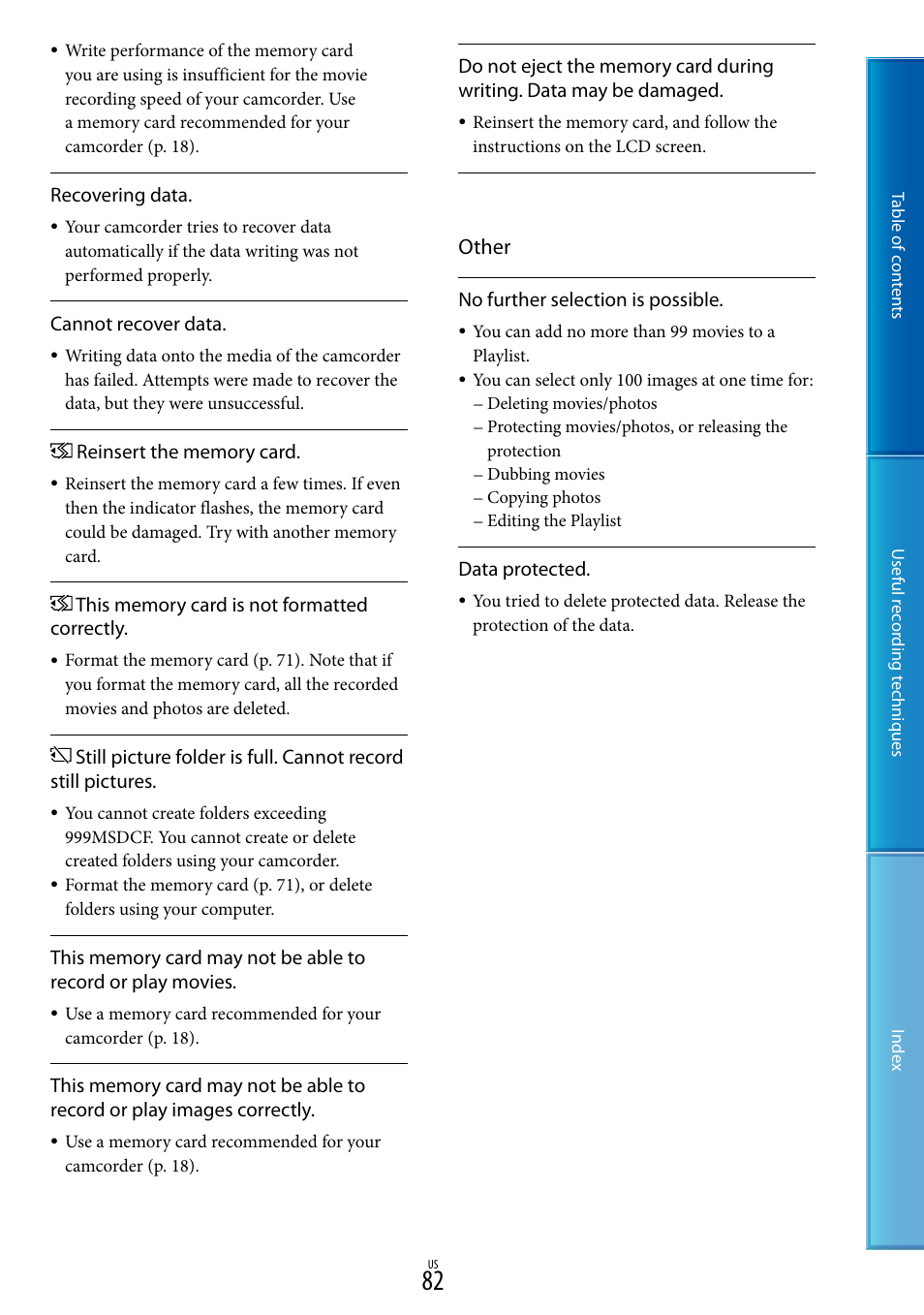 O 82), and, Other | Sony DCR-SX85 User Manual | Page 82 / 98