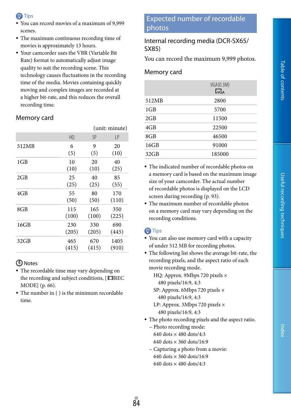 Expected number of recordable photos, Internal recording media (dcr-sx65/ sx85) | Sony DCR-SX85 User Manual | Page 84 / 98
