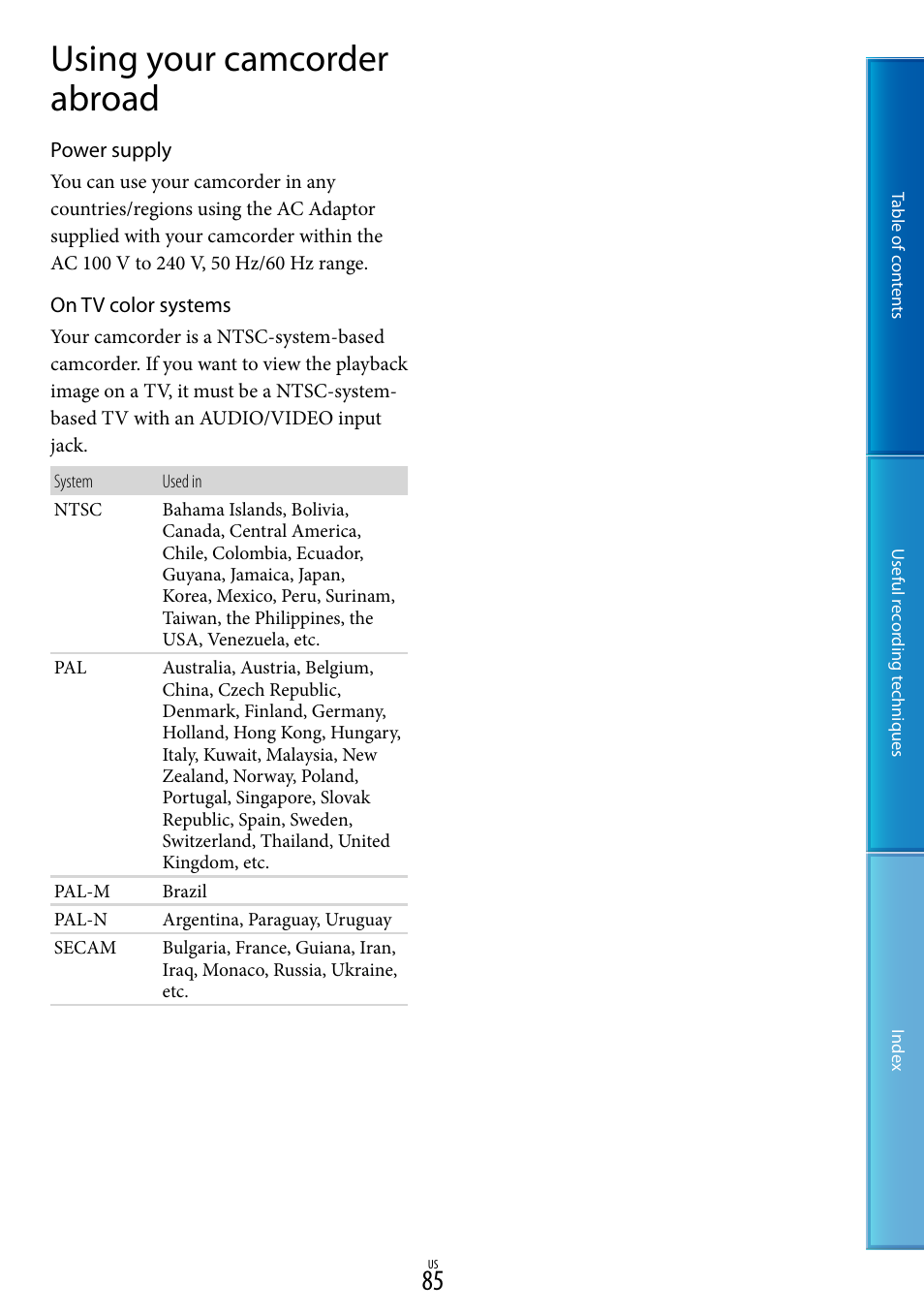Using your camcorder abroad | Sony DCR-SX85 User Manual | Page 85 / 98