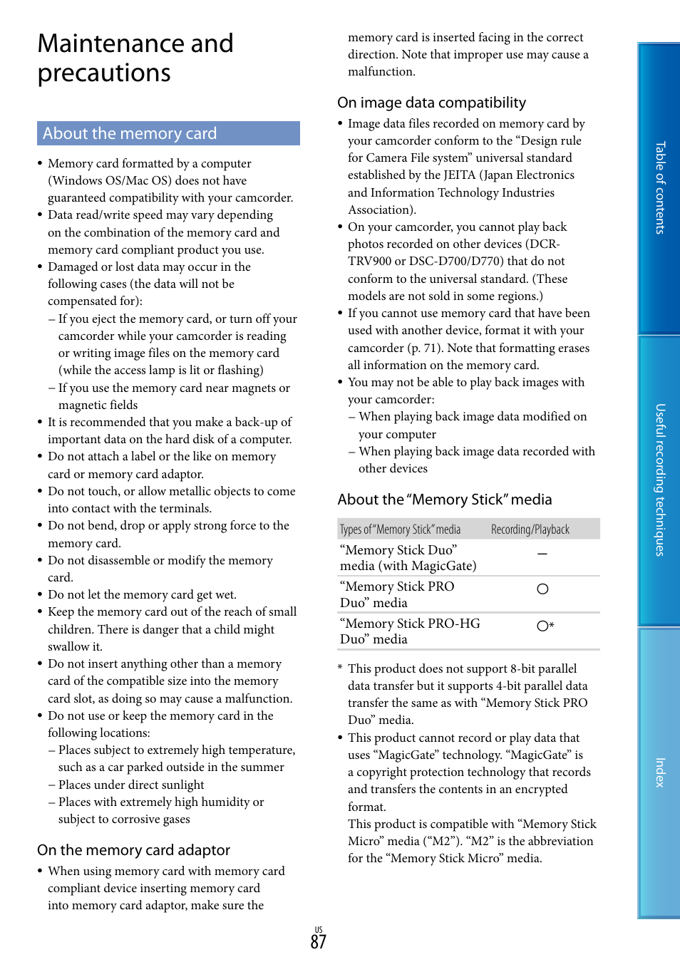 Maintenance and precautions, About the memory card, On image data compatibility | Sony DCR-SX85 User Manual | Page 87 / 98