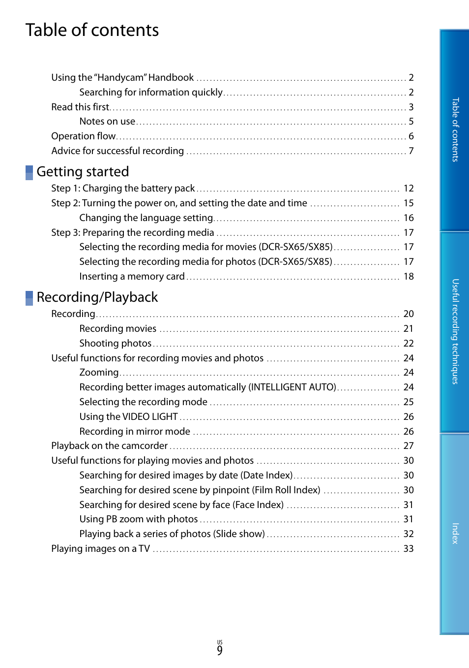 Sony DCR-SX85 User Manual | Page 9 / 98