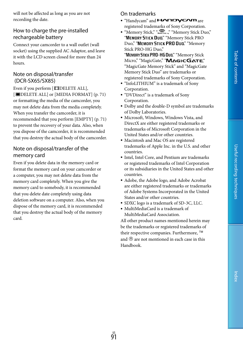 On trademarks | Sony DCR-SX85 User Manual | Page 91 / 98