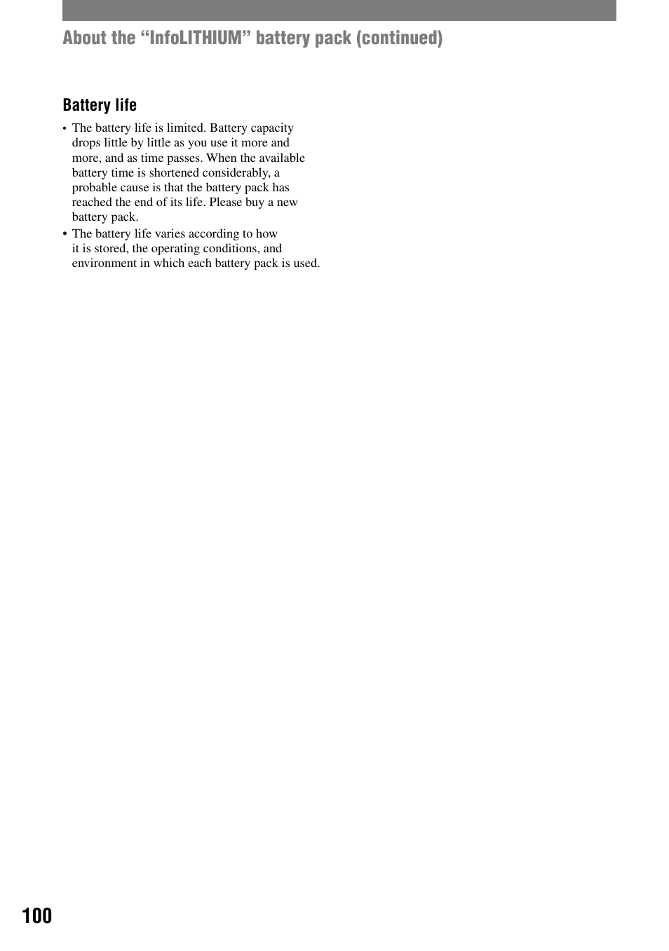 About the “infolithium” battery pack (continued) | Sony DCR-DVD7 User Manual | Page 100 / 112