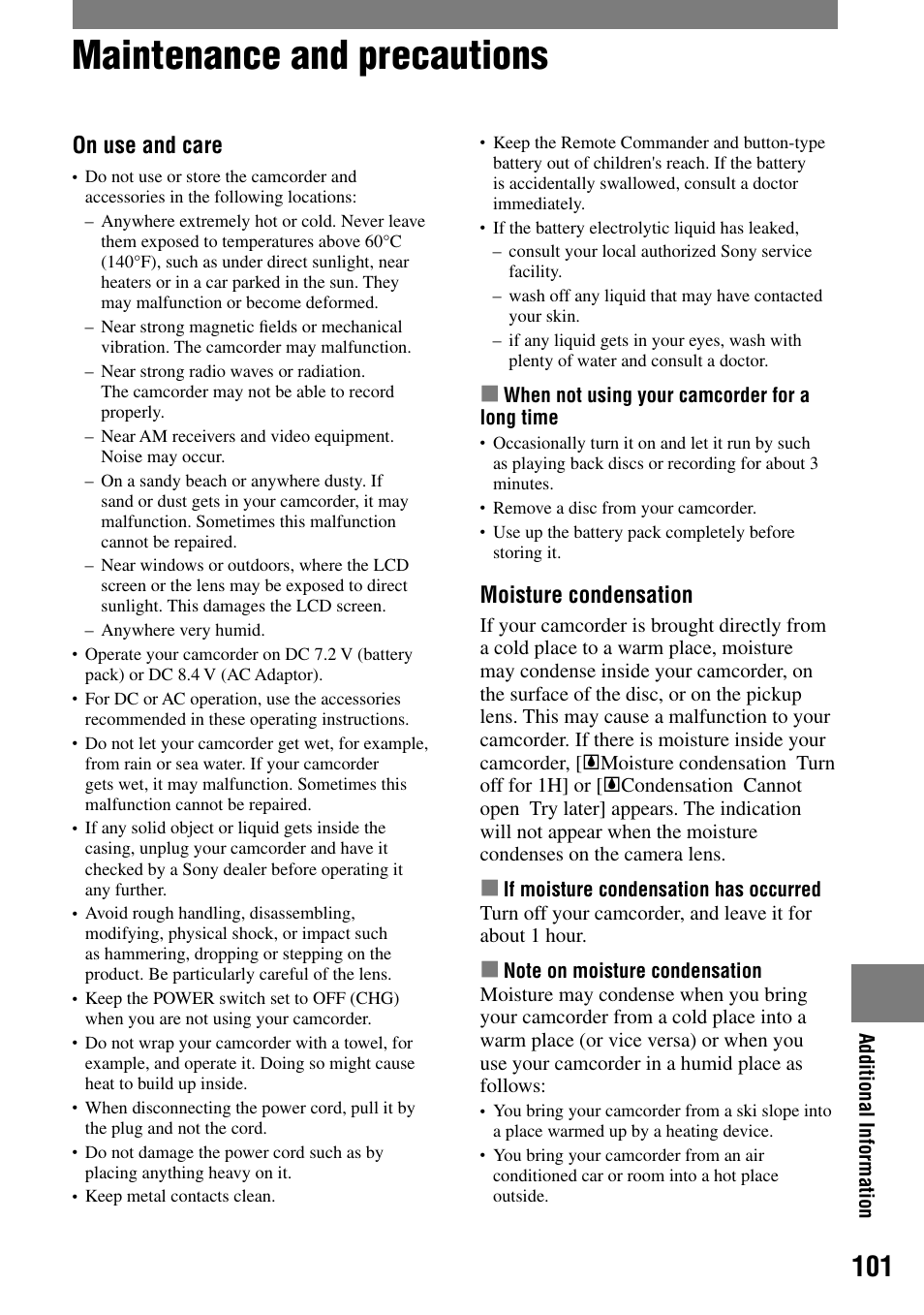 Maintenance and precautions, Moisture condensation, On use and care | Sony DCR-DVD7 User Manual | Page 101 / 112