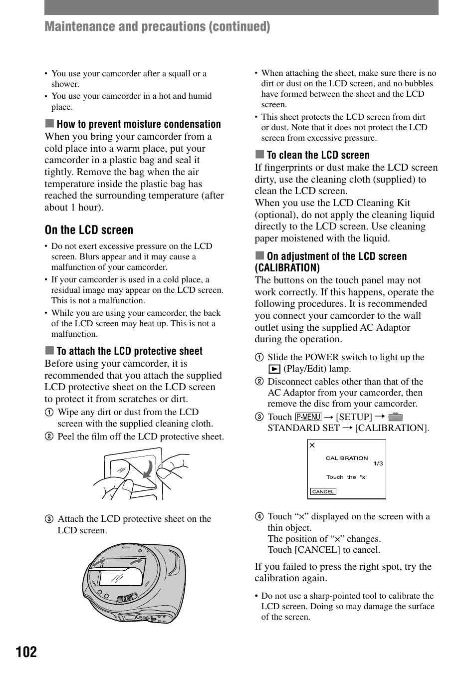 Maintenance and precautions (continued), On the lcd screen | Sony DCR-DVD7 User Manual | Page 102 / 112