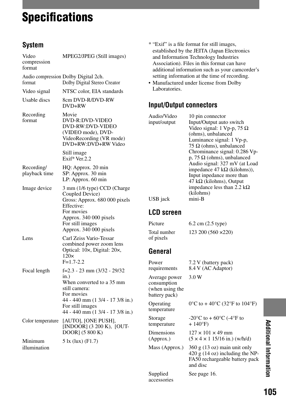 Specifications, Speciﬁcations, System | Input/output connectors, Lcd screen, General | Sony DCR-DVD7 User Manual | Page 105 / 112