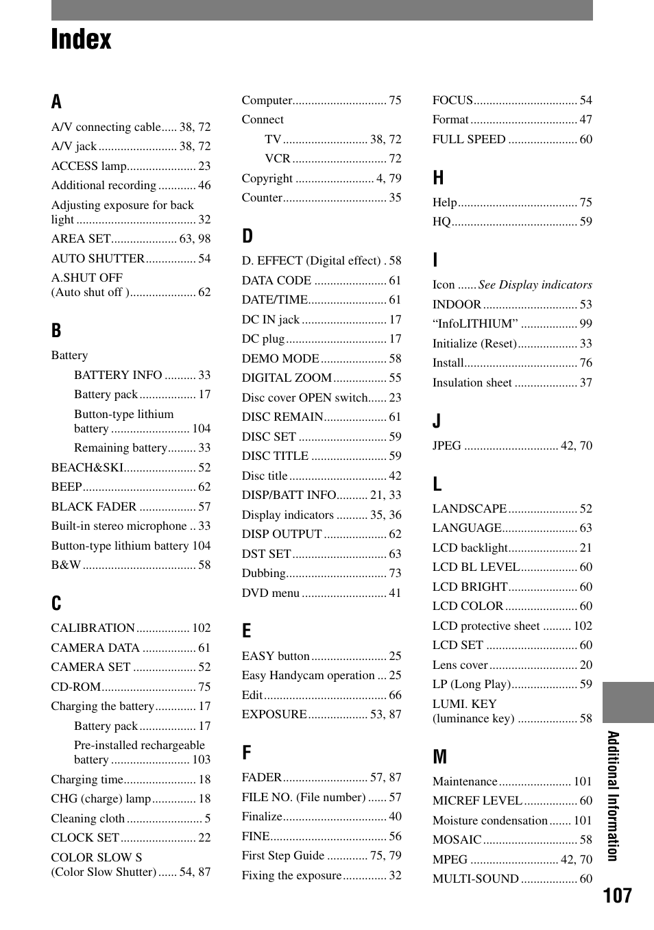 Index | Sony DCR-DVD7 User Manual | Page 107 / 112