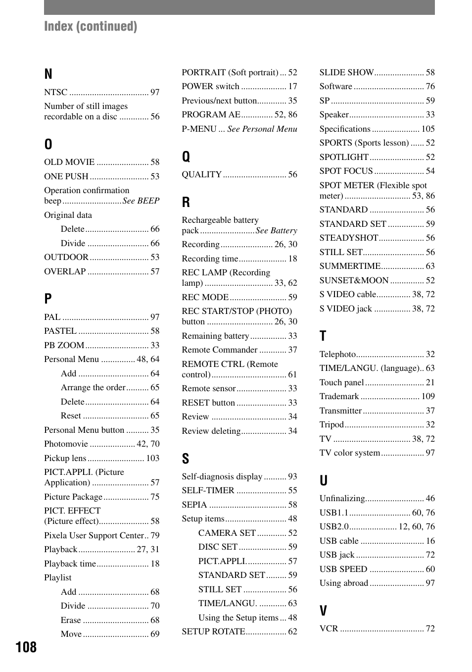 Index (continued) | Sony DCR-DVD7 User Manual | Page 108 / 112