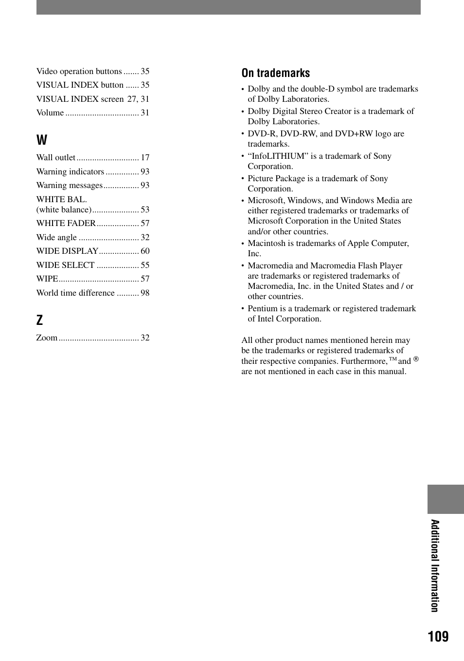 On trademarks | Sony DCR-DVD7 User Manual | Page 109 / 112