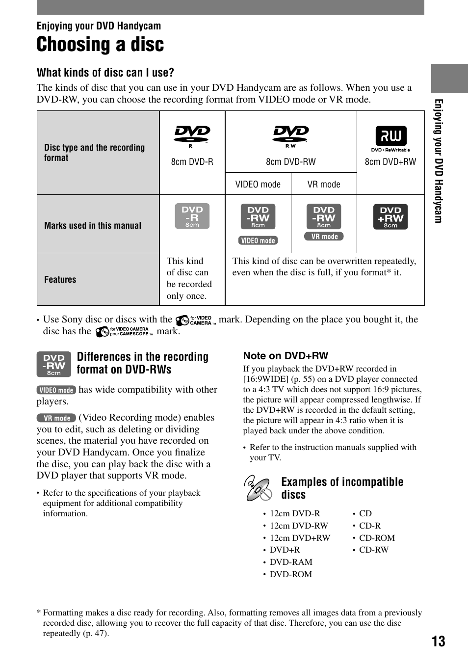 Enjoying your dvd handycam, Choosing a disc, What kinds of disc can i use | Differences in the recording format on dvd-rws, Examples of incompatible discs | Sony DCR-DVD7 User Manual | Page 13 / 112