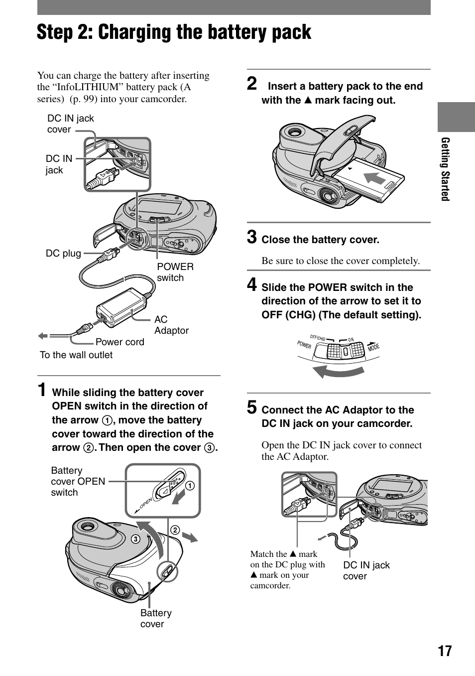 Getting started, Step 2: charging the battery pack | Sony DCR-DVD7 User Manual | Page 17 / 112