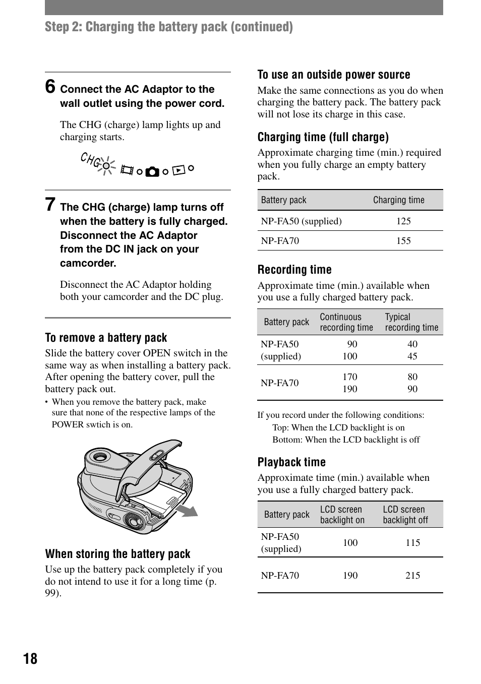 Step 2: charging the battery pack (continued) | Sony DCR-DVD7 User Manual | Page 18 / 112