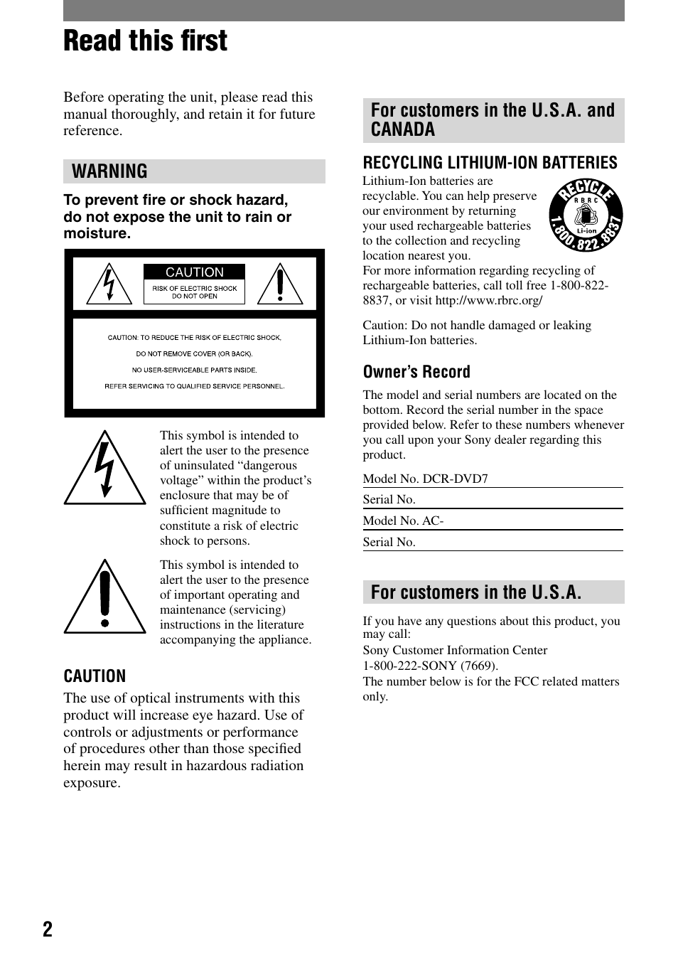 Read this first, Read this ﬁrst, Warning | For customers in the u.s.a. and canada, For customers in the u.s.a | Sony DCR-DVD7 User Manual | Page 2 / 112