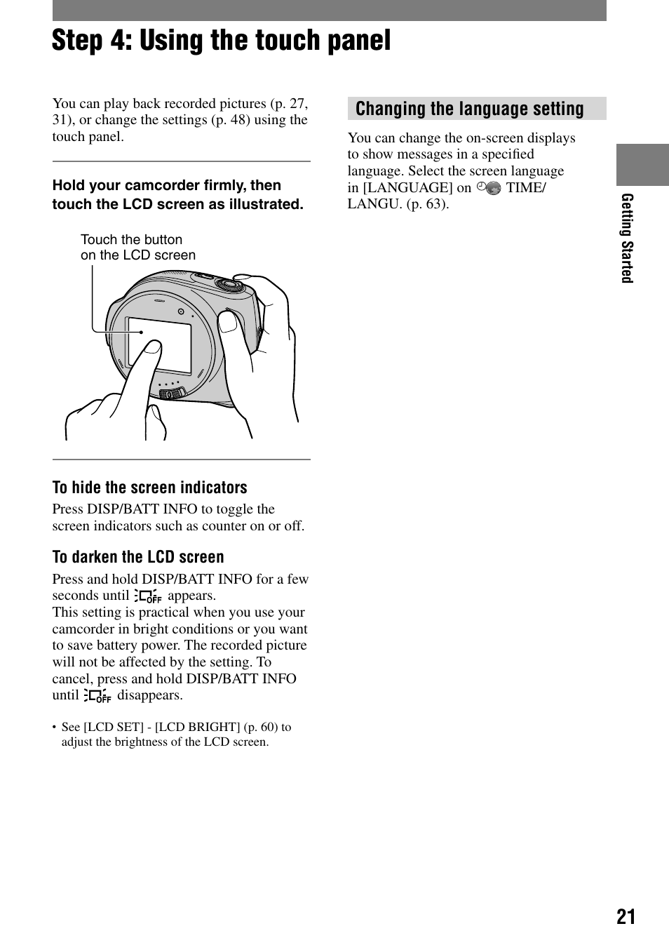 Step 4: using the touch panel, Changing the language setting | Sony DCR-DVD7 User Manual | Page 21 / 112