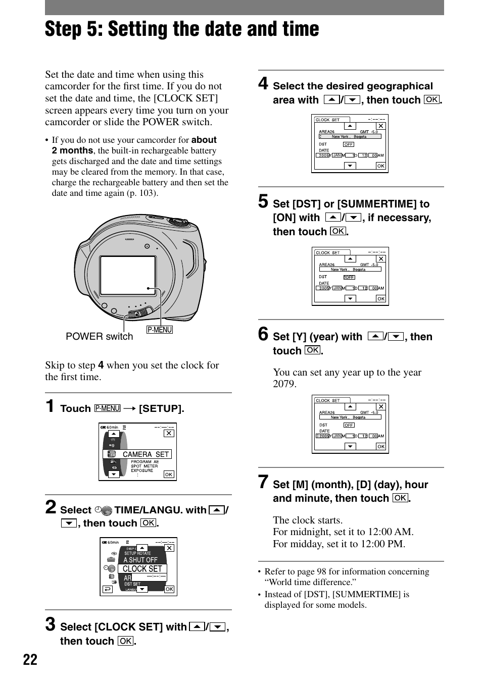 Step 5: setting the date and time | Sony DCR-DVD7 User Manual | Page 22 / 112