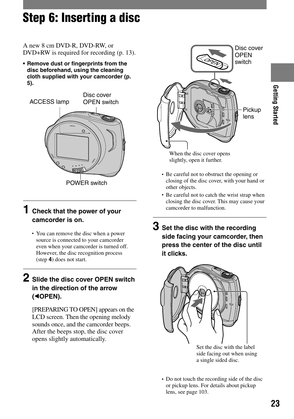 Step 6: inserting a disc | Sony DCR-DVD7 User Manual | Page 23 / 112