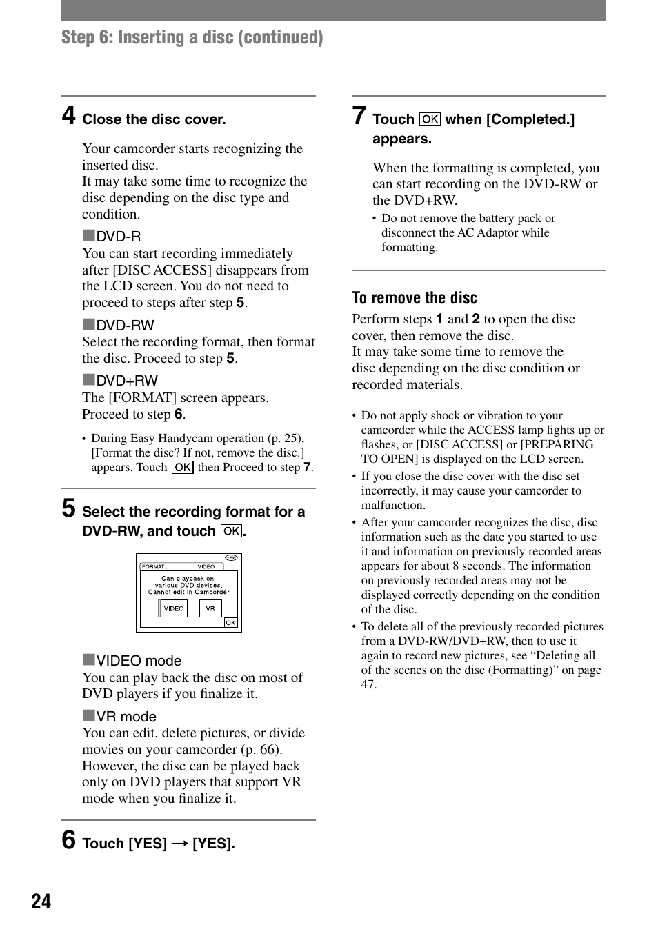 Step 6: inserting a disc (continued) | Sony DCR-DVD7 User Manual | Page 24 / 112