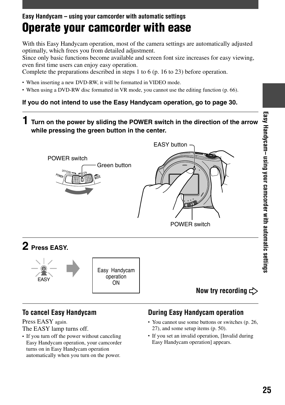 Operate your camcorder with ease | Sony DCR-DVD7 User Manual | Page 25 / 112