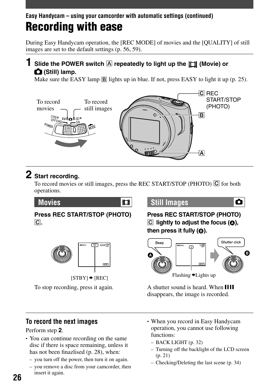 Recording with ease, Movies still images | Sony DCR-DVD7 User Manual | Page 26 / 112
