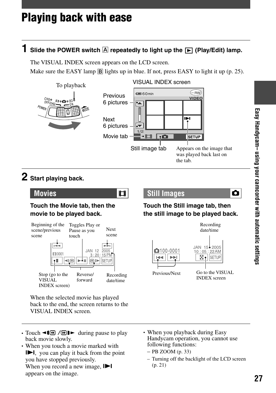 Playing back with ease, Movies still images | Sony DCR-DVD7 User Manual | Page 27 / 112