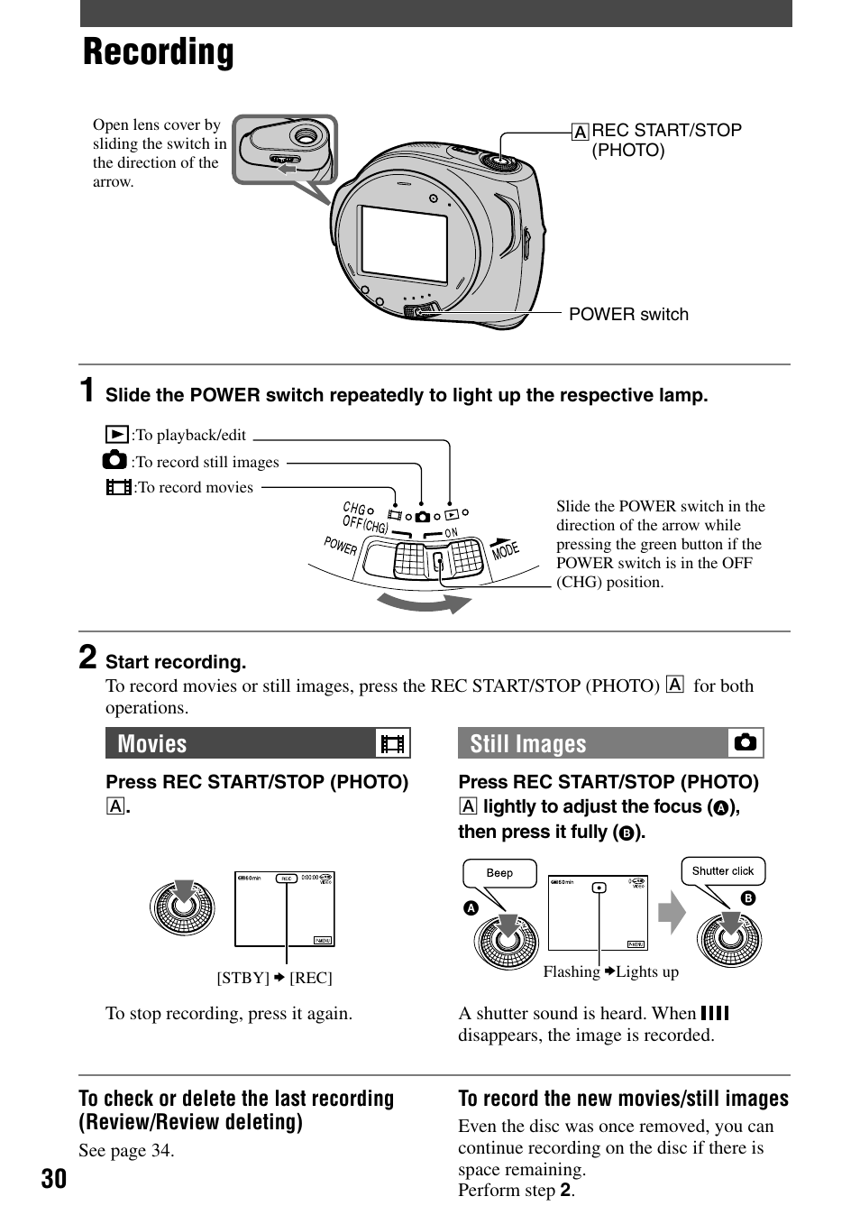 Recording, Movies still images | Sony DCR-DVD7 User Manual | Page 30 / 112