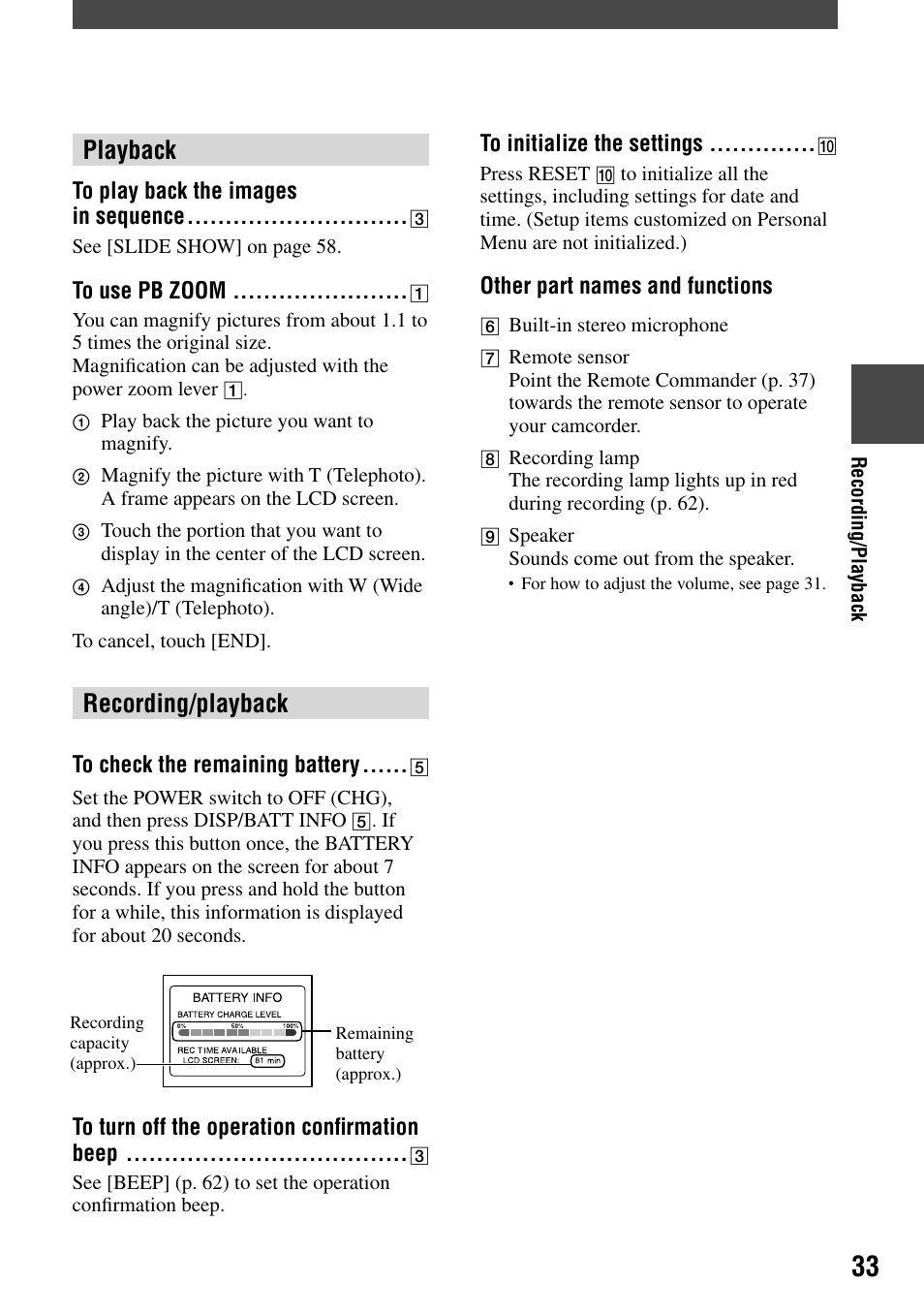 Playback, Recording/playback | Sony DCR-DVD7 User Manual | Page 33 / 112