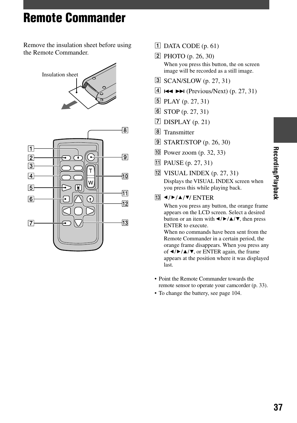 Remote commander, Data code (p. 61), Photo (p. 26, 30) | Scan/slow (p. 27, 31), Previous/next) (p. 27, 31), Play (p. 27, 31), Stop (p. 27, 31), Display (p. 21), Transmitter, Start/stop (p. 26, 30) | Sony DCR-DVD7 User Manual | Page 37 / 112