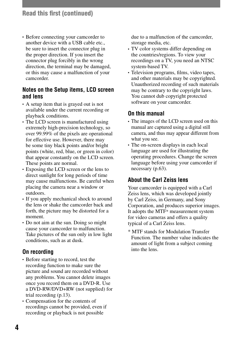 Read this ﬁrst (continued) | Sony DCR-DVD7 User Manual | Page 4 / 112