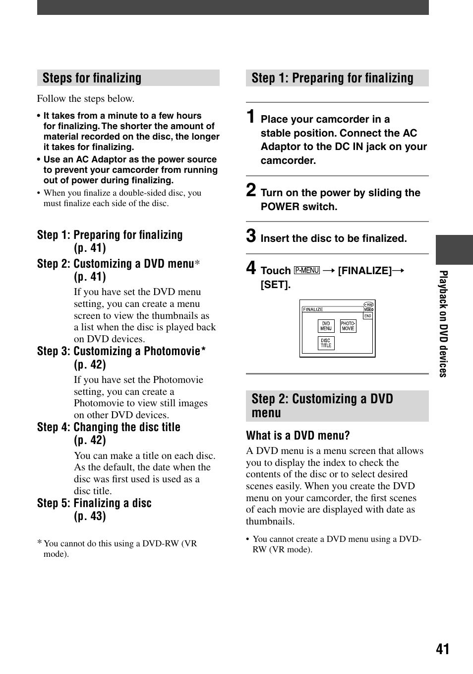 Playback on dvd devices | Sony DCR-DVD7 User Manual | Page 41 / 112