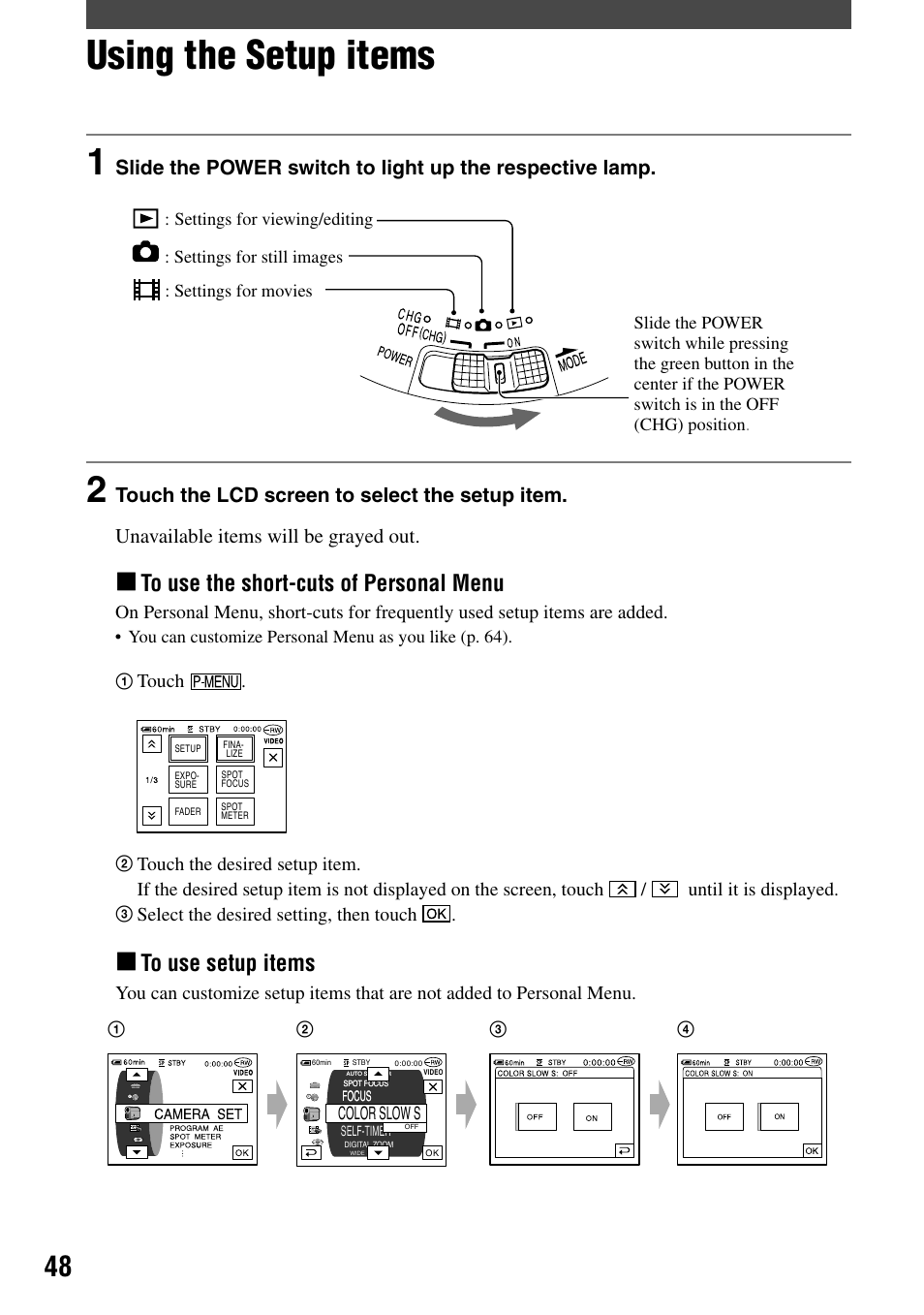 Using the setup menu, Using the setup items | Sony DCR-DVD7 User Manual | Page 48 / 112