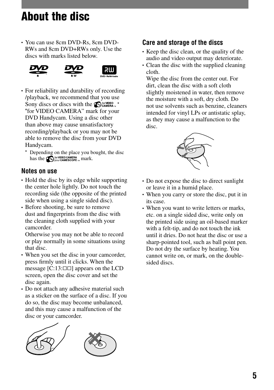 About the disc | Sony DCR-DVD7 User Manual | Page 5 / 112
