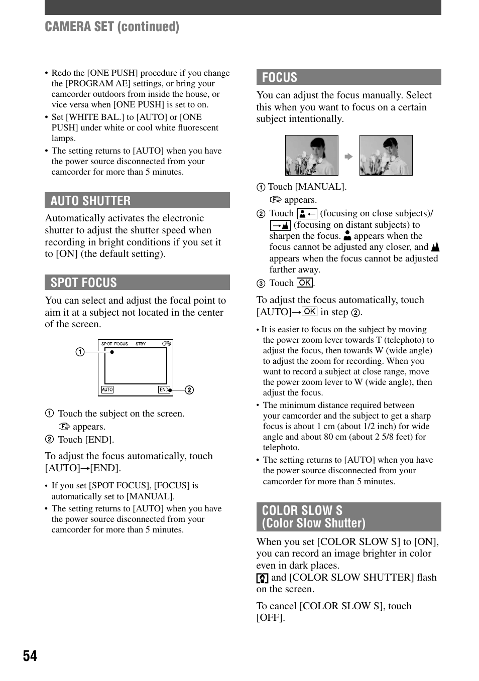 Camera set (continued), Auto shutter, Spot focus | Focus, Color slow s (color slow shutter) | Sony DCR-DVD7 User Manual | Page 54 / 112