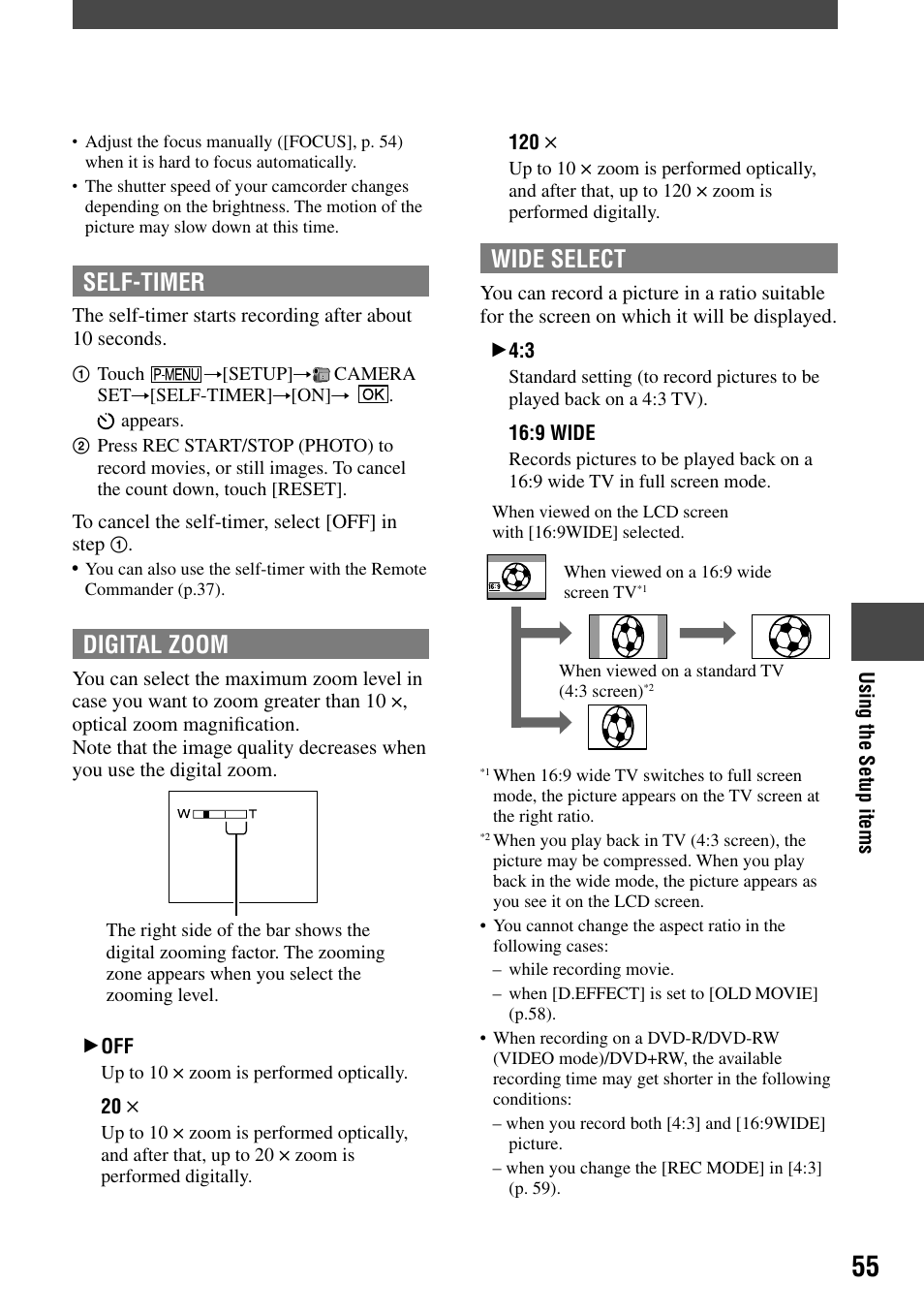 Self-timer, Digital zoom, Wide select | Sony DCR-DVD7 User Manual | Page 55 / 112