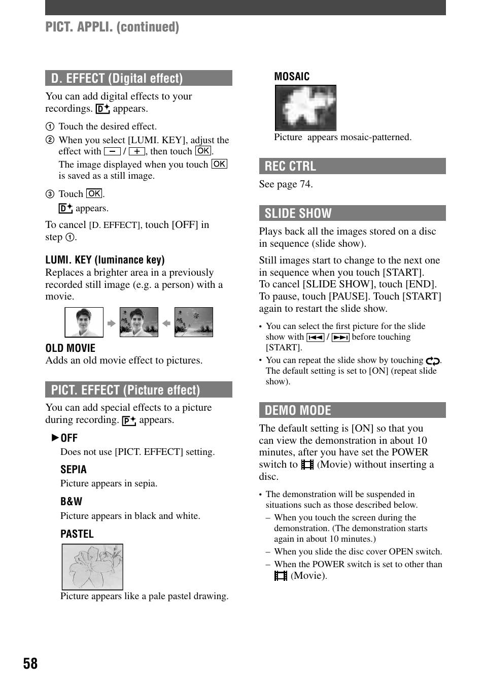 Pict. appli. (continued), D. effect (digital effect), Pict. effect (picture effect) | Rec ctrl, Slide show, Demo mode | Sony DCR-DVD7 User Manual | Page 58 / 112