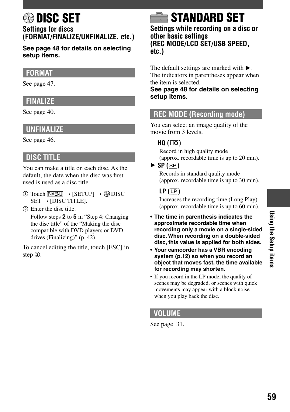 Disc set, Standard set | Sony DCR-DVD7 User Manual | Page 59 / 112