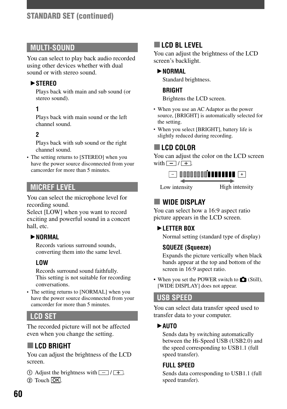 Standard set (continued), Multi-sound, Micref level | Lcd set, Usb speed | Sony DCR-DVD7 User Manual | Page 60 / 112