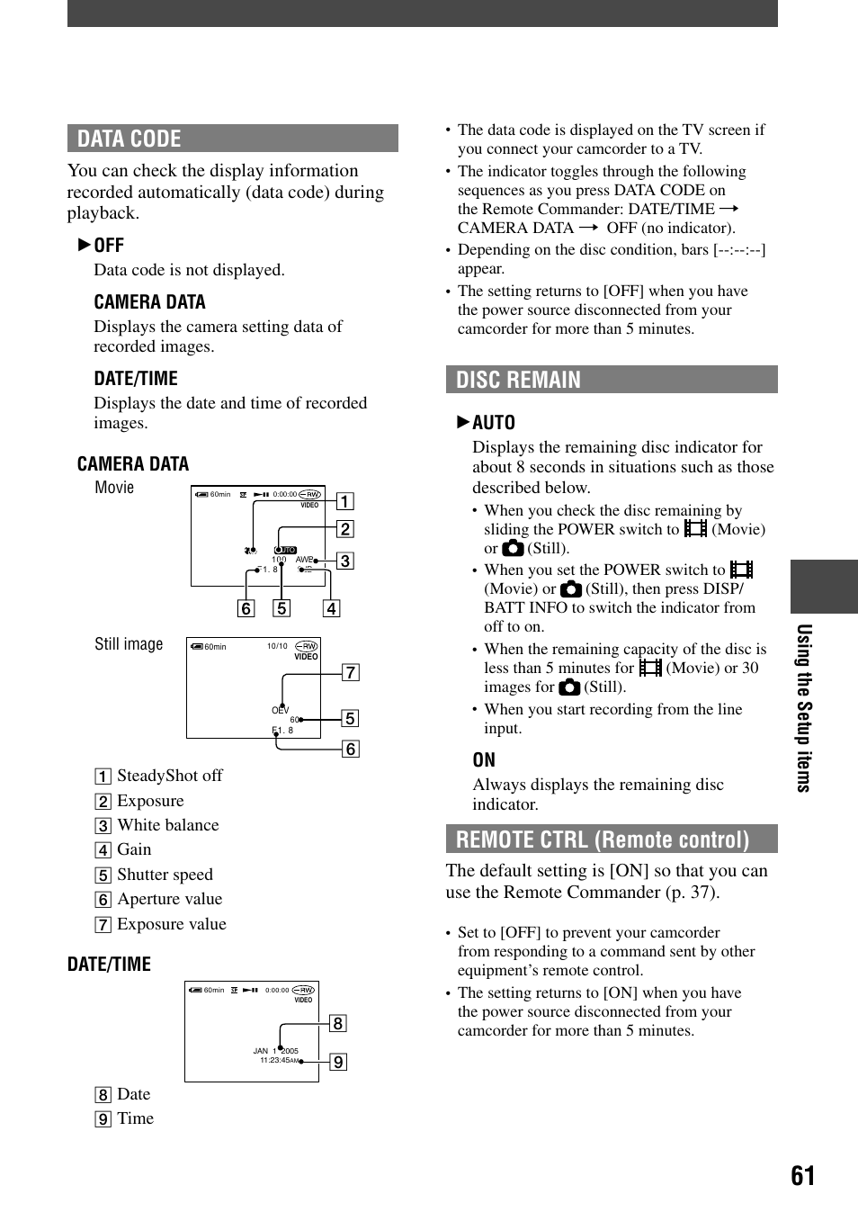 Disc remain, Remote ctrl (remote control), Data code | Auto, Camera data, Date/time | Sony DCR-DVD7 User Manual | Page 61 / 112