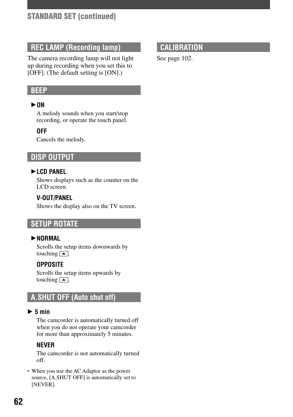 Standard set (continued) | Sony DCR-DVD7 User Manual | Page 62 / 112