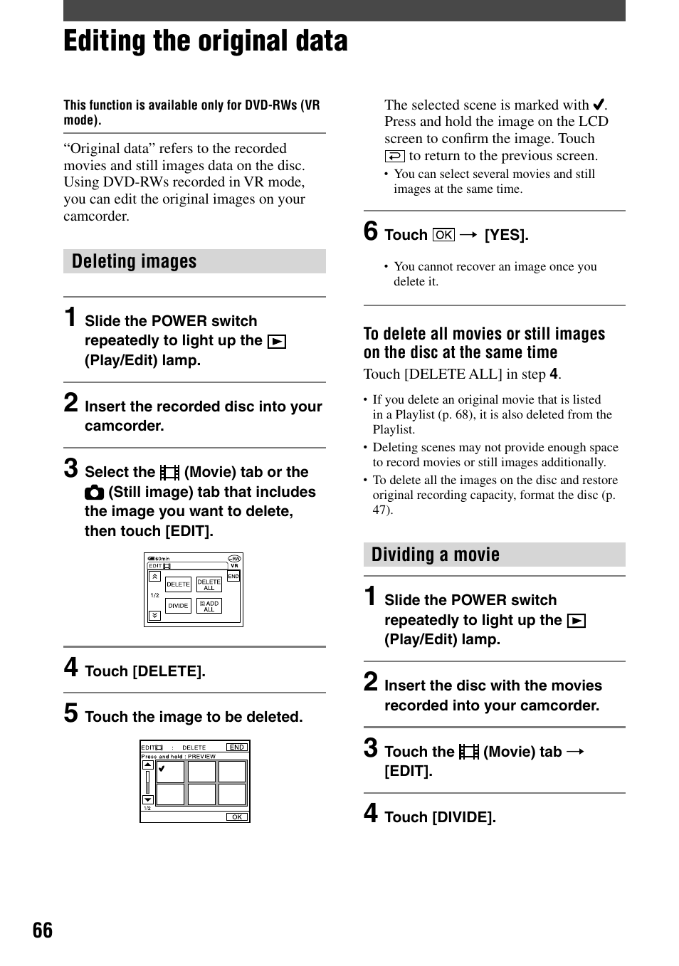 Editing the original data | Sony DCR-DVD7 User Manual | Page 66 / 112
