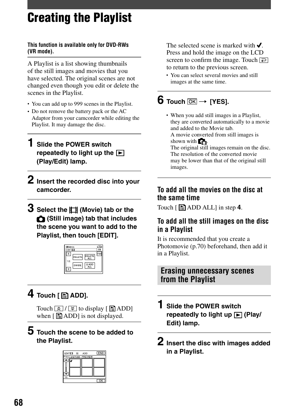 Creating the playlist | Sony DCR-DVD7 User Manual | Page 68 / 112