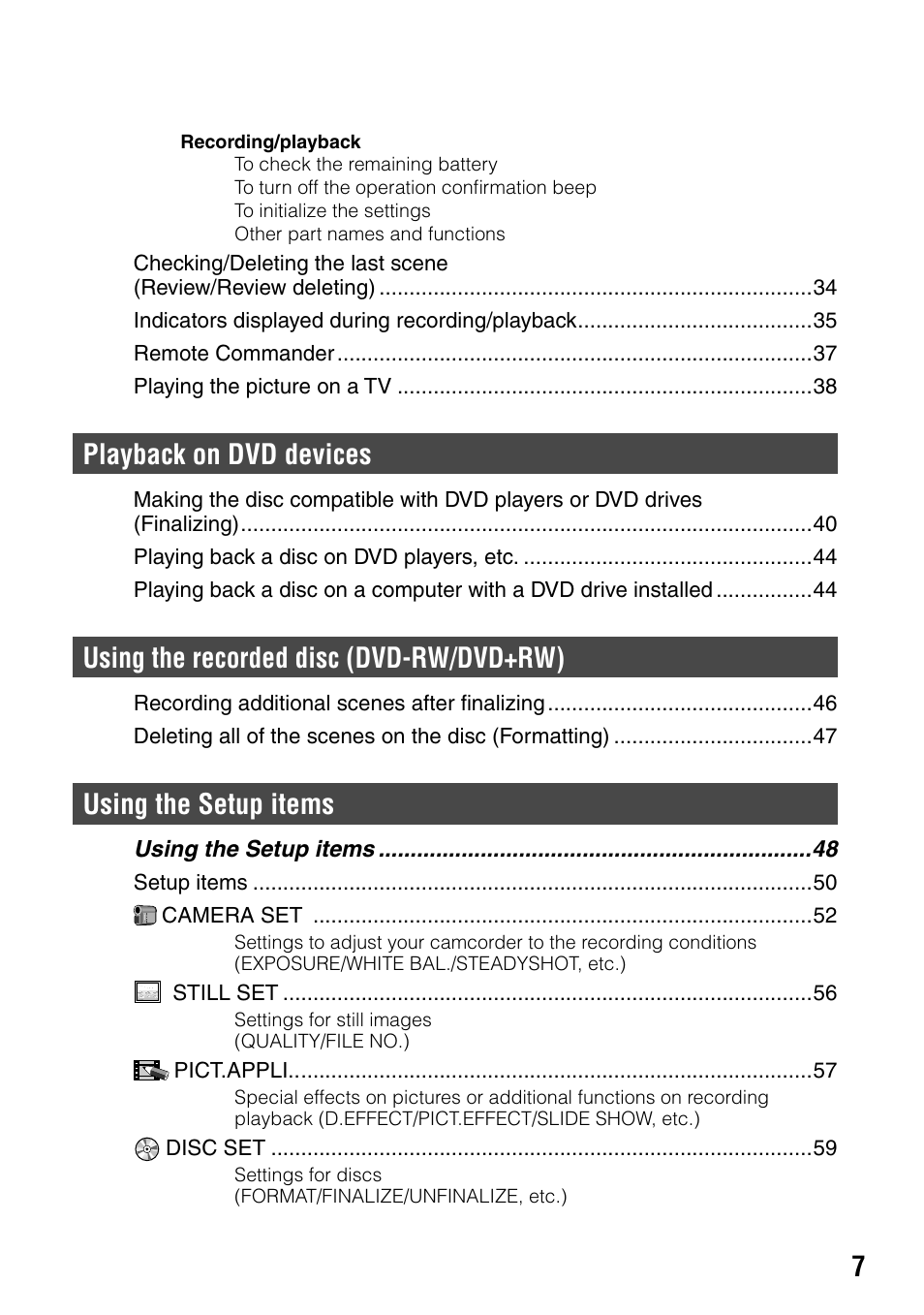 Playback on dvd devices, Using the recorded disc (dvd-rw/dvd+rw), Using the setup items | Sony DCR-DVD7 User Manual | Page 7 / 112