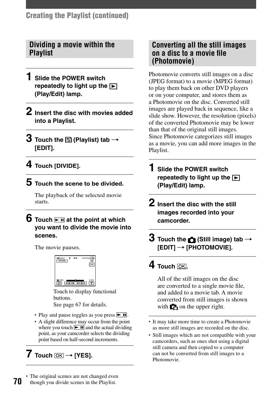 Dividing a movie within the playlist, Creating the playlist (continued) | Sony DCR-DVD7 User Manual | Page 70 / 112